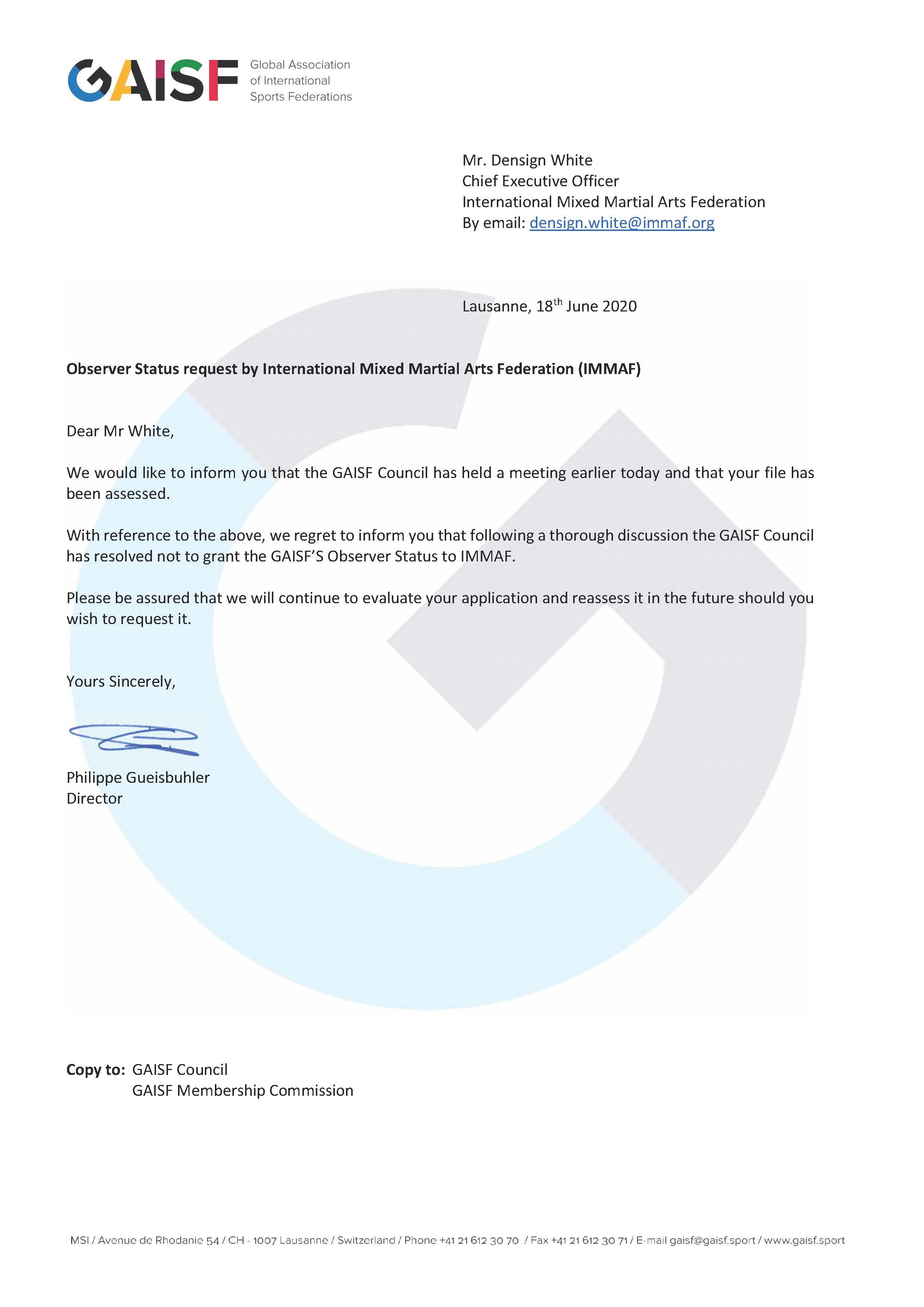 GAISF 20.06.18 Mixed20Martial20Arts IMMAF Decision20Observer20Status