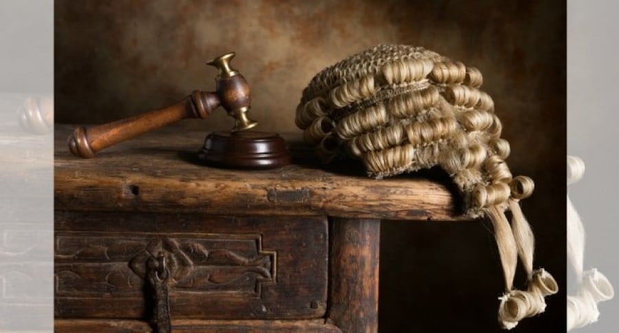 Court Wig and Gavel on Bench Court Wig and Gavel on Bench