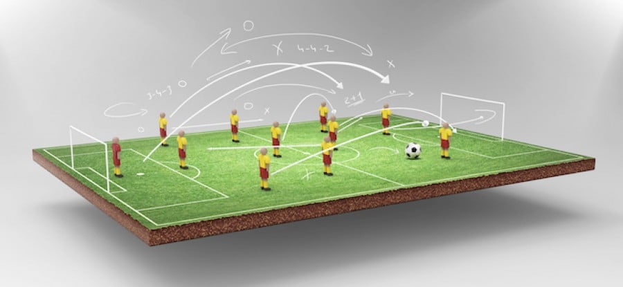 Football strategy illustration above floating football field Football strategy illustration above floating football field