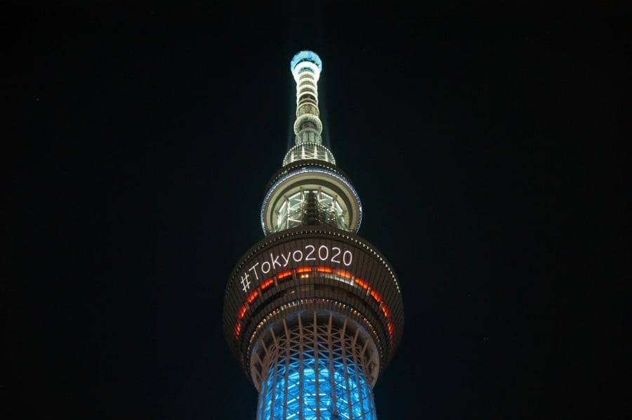 The skytree tower is illuminated at night announcing the Tokyo 2020 Olympics The skytree tower is illuminated at night announcing the Tokyo 2020 Olympics