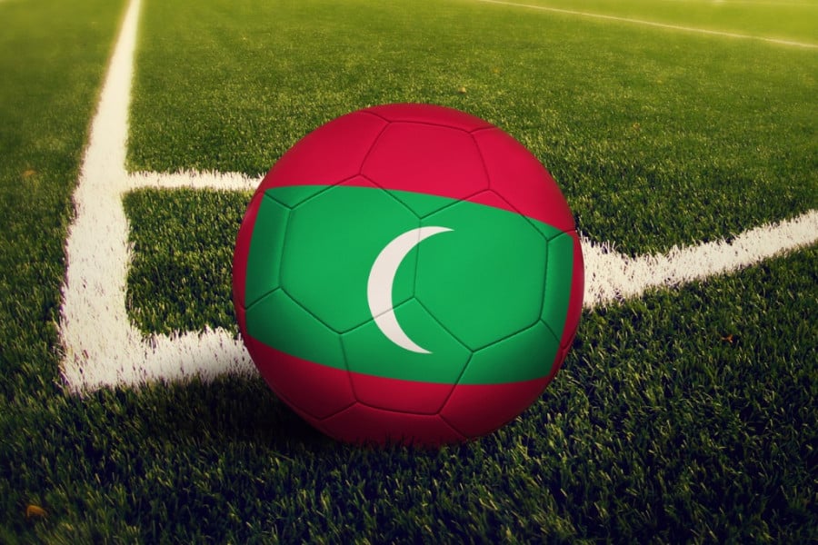 Ball On Corner Kick Position On Soccer field with Maldives Flag On Ball Ball On Corner Kick Position On Soccer field with Maldives Flag On Ball