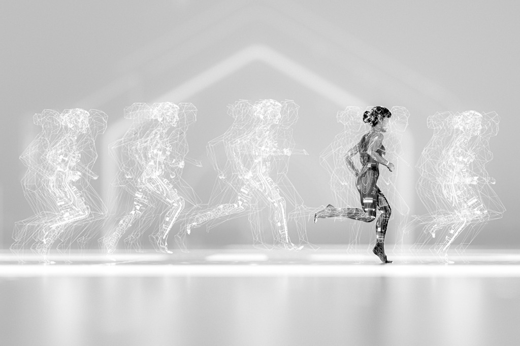 Woman running with data screen