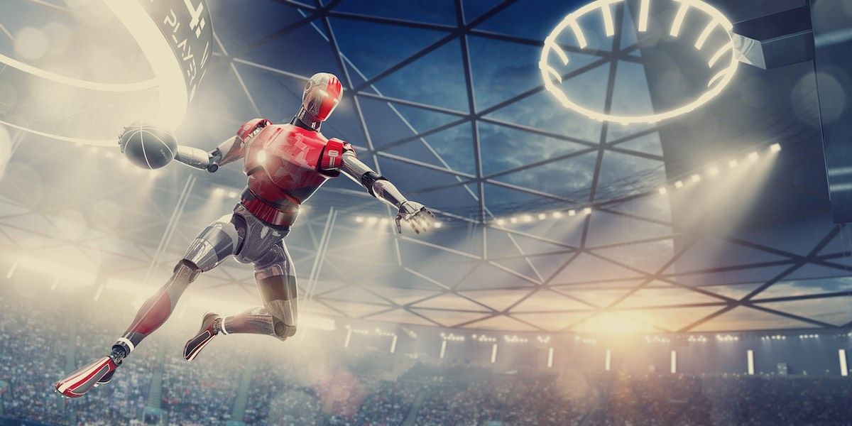 Image of a cyborg basketball player slam dunking on a futuristic court